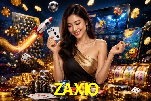 Una escena digital vívida inspirada en casino con ZAXIO mostrado prominentemente, luces brillantes, fichas, cartas y acentos dorados.