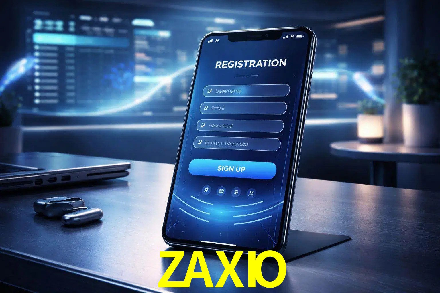 Una interfaz moderna de registro móvil para ZAXIO mostrada en un smartphone con un panel de apuestas elegante.